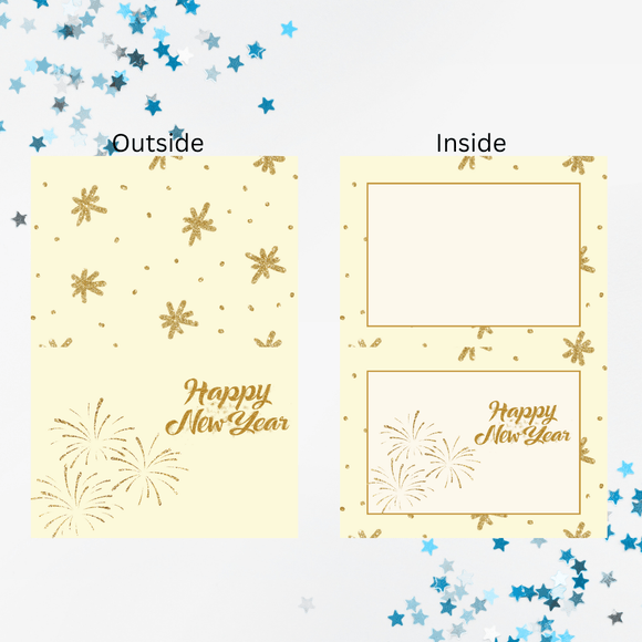 Folded Gold New Year Card- Landscape. Printable- instant download, 7x10 In.