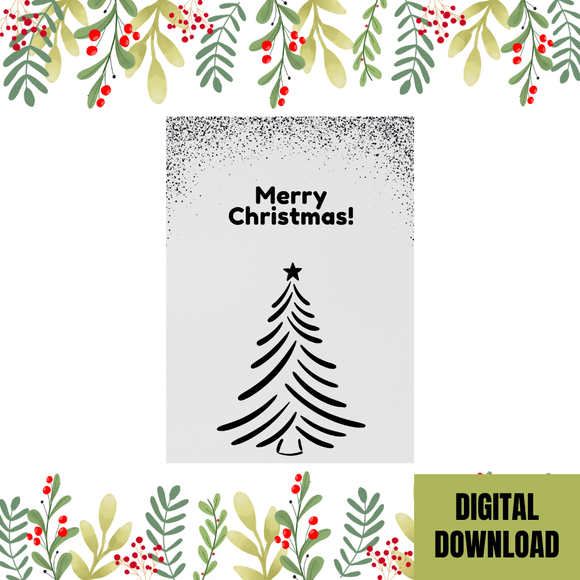 Cute Black and White Christmas Card- Portrait. Printable- instant download, 5x7 In