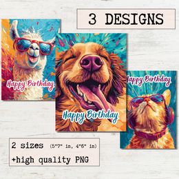 Birthday card Watercolor Funny Animals Printable greeting cards - Cool Cat, Dog and Llama