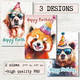 Birthday card Watercolor Cool Animals Printable greeting cards - Cute Red Panda, Dog and cool Bear