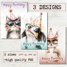 Birthday card Watercolor Cute Animals Printable greeting cards - Cute Cat, Dog and Squirrel
