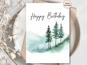 Printable Birthday Card - Minimalist Forest Landscape
