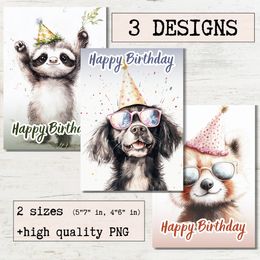 Birthday card Watercolor Cute Animals Printable greeting cards - Cute Sloth, Dog and Red Panda