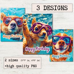 Birthday card Watercolor Funny Animals Printable greeting cards - Cool Underwater Dog Squirrel Bear