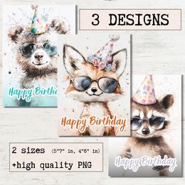 Birthday card Watercolor Cute Animals Printable greeting cards - Cute Racoon, Foxy Fox and Bear