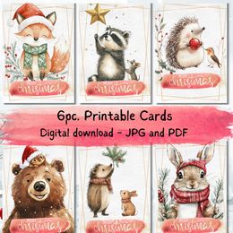 Modern Cute Christmas Cards with Woodland Animals Bundle of 6pcs | Christmas E-card PNG