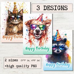 Birthday card Watercolor Cool Animals Printable greeting cards - Cool Cat, Cute Dog, Adorable Racoon