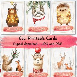 Modern Watercolor Christmas  Cute Animals Bundle of 6pcs | Christmas E-card PNG