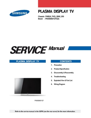 Samsung PN50B860 PN50B860Y2F Plasma TV Service Manual