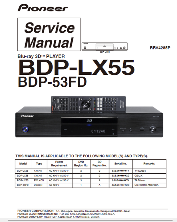 Pioneer BDP LX55 3D Blu Ray Player Service Manual &amp; Repair Instructions