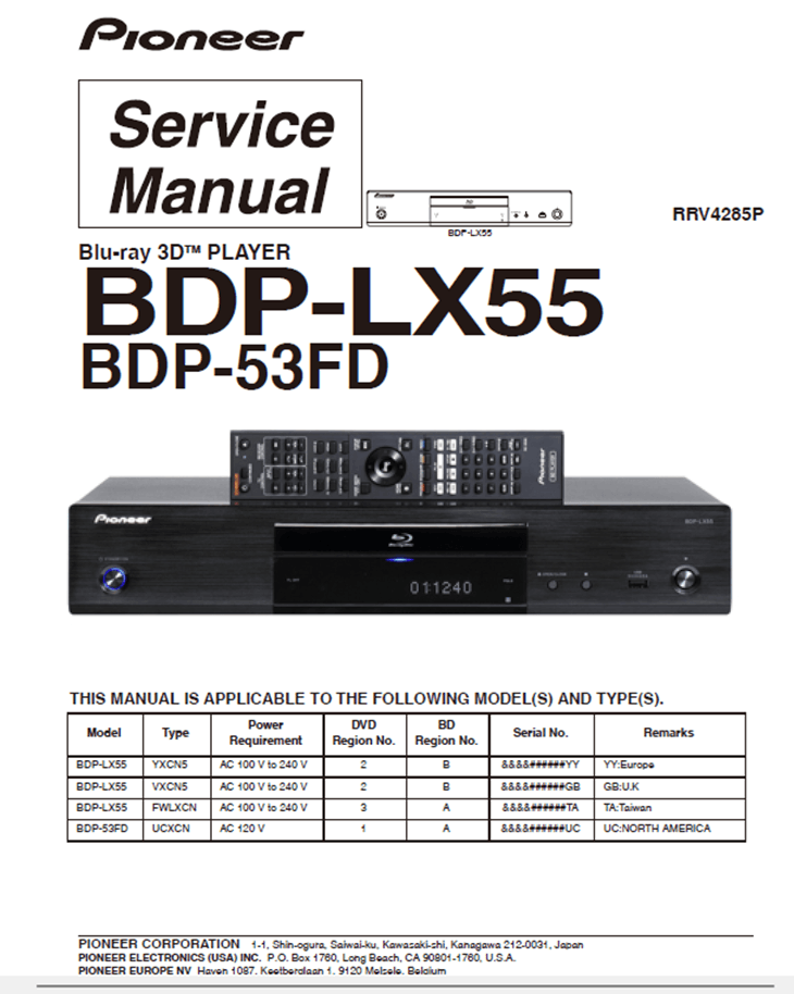 Pioneer BDP LX55 3D Blu Ray Player Service Manual & Repair