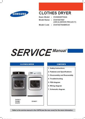 Samsung DV476ETHAWR Dryer Service Manual Repair Guide