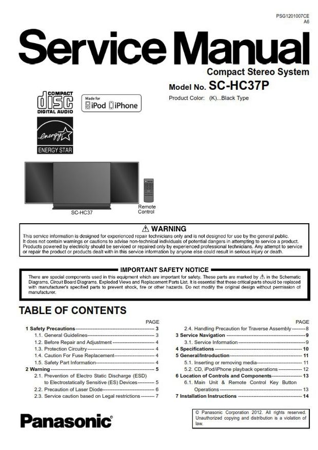 Panasonic SC HC37 HC37P Stereo System Service Manual &amp; Repair Guide
