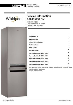 Whirlpool BSNF 9752 OX Refrigerator Service Manual and Technicians Guide