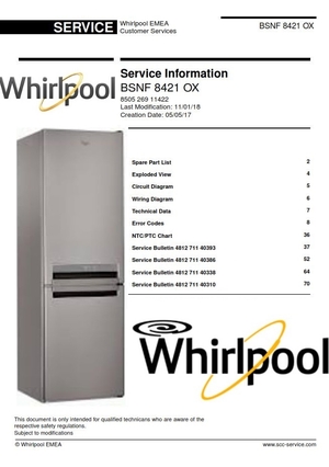 Whirlpool BSNF 8421 OX Refrigerator Service Manual