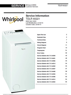 Whirlpool  TDLR 60221 Washing Machine Service Manual and Technicians Guide