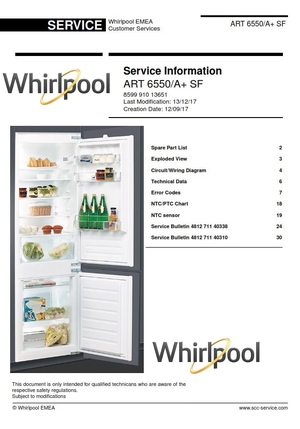 Whirlpool ART 6550 A+ SF Refrigerator Service Manual