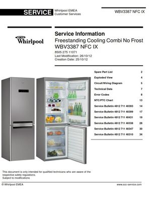 Whirlpool WBV3387 NFC IX Refrigerator Service Manual