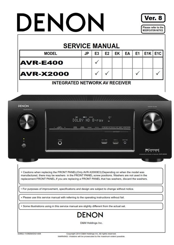 Denon AVR X2000 E400 AV Receiver Service Manual