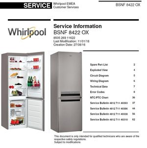 Whirlpool BSNF 8422 OX Refrigerator Service Information Manual 
