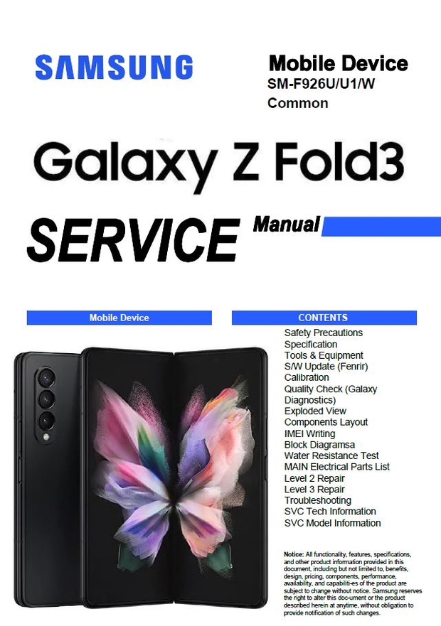 Samsung Galaxy Z Fold3 SM F926U F926U1 F926W Service Manual and Raepair Guide