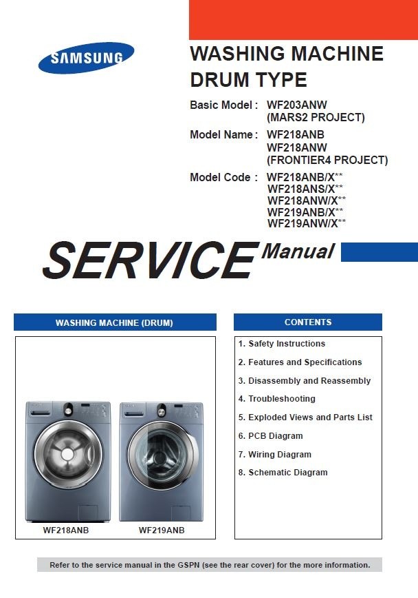 Samsung WF219ANB WF219ANW WF218ANB WF218ANS WF218ANW Washer Service Manual