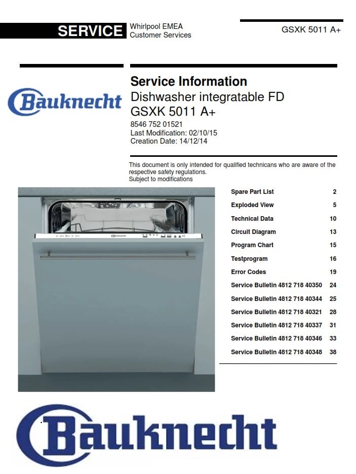 Bauknecht GSXK 5011 A+ Dishwasher Service Manual &amp; Tec