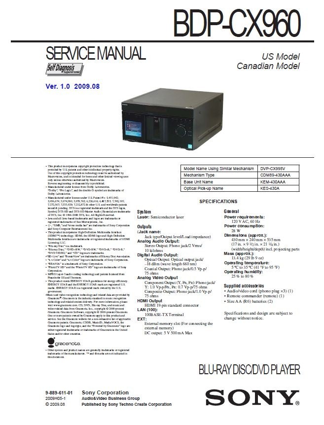 Sony BDP CX960 Multi Disc Blu Ray Player original Serv