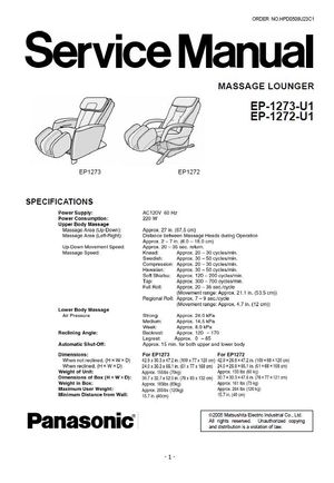 Panasonic EP1273 EP1272 Massage Lounger Service &amp; Repair Manual