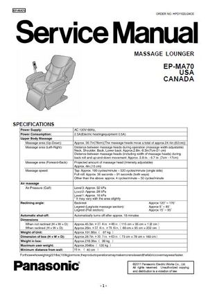 Panasonic EP-MA70 Massage Chair Service Manual – Repair Guide PDF (US / Canada Models)