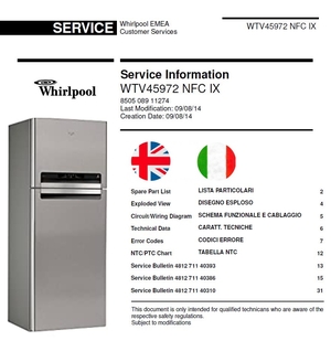 Whirlpool WTV45972 NFC IX Refrigerator Service Manual