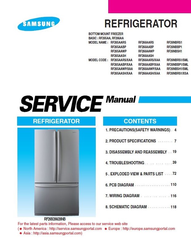 Samsung RF266AARS RF266AAWP RF266AABP RF266AASH Refrigerator Service Manual