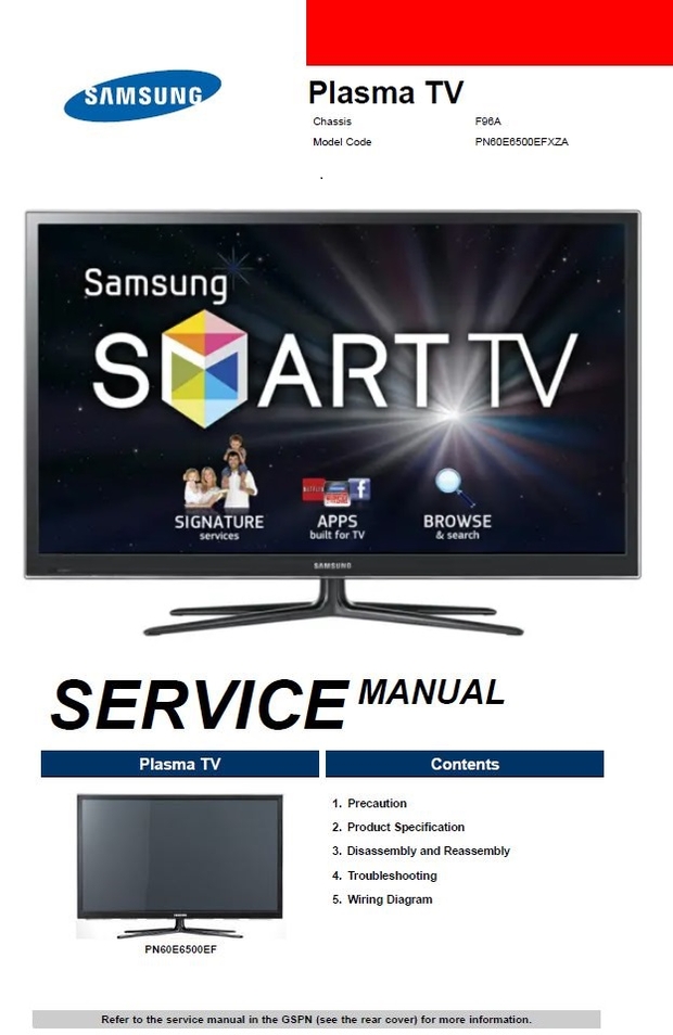 Samsung PN51E6500 PN51E6500EF PN51E6500EFXZA Plasma TV Service Manual
