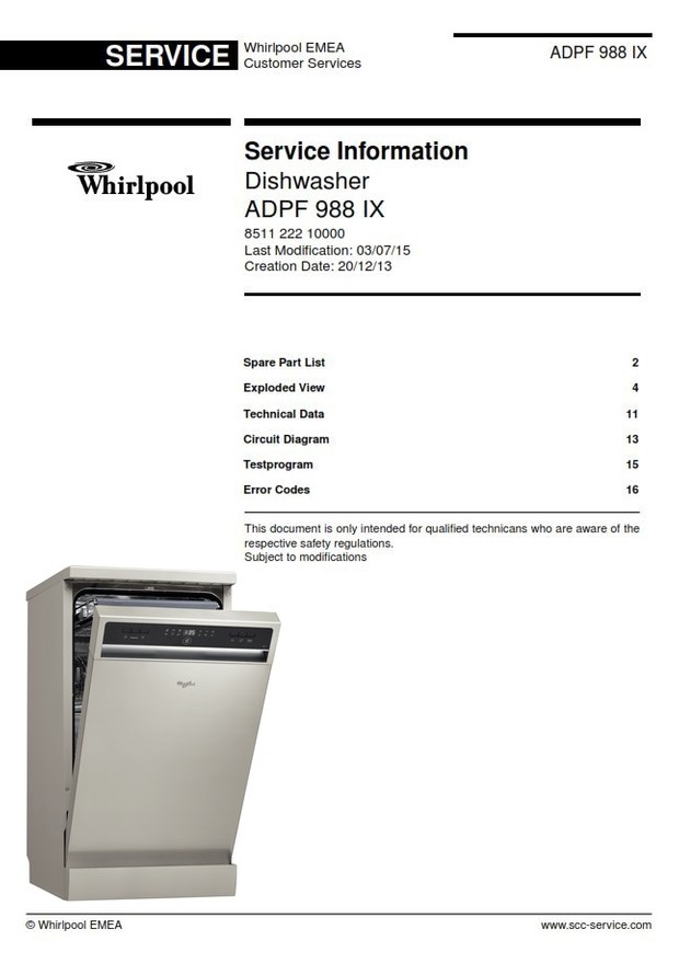Whirlpool ADPF 988 IX Dishwasher Service Manual