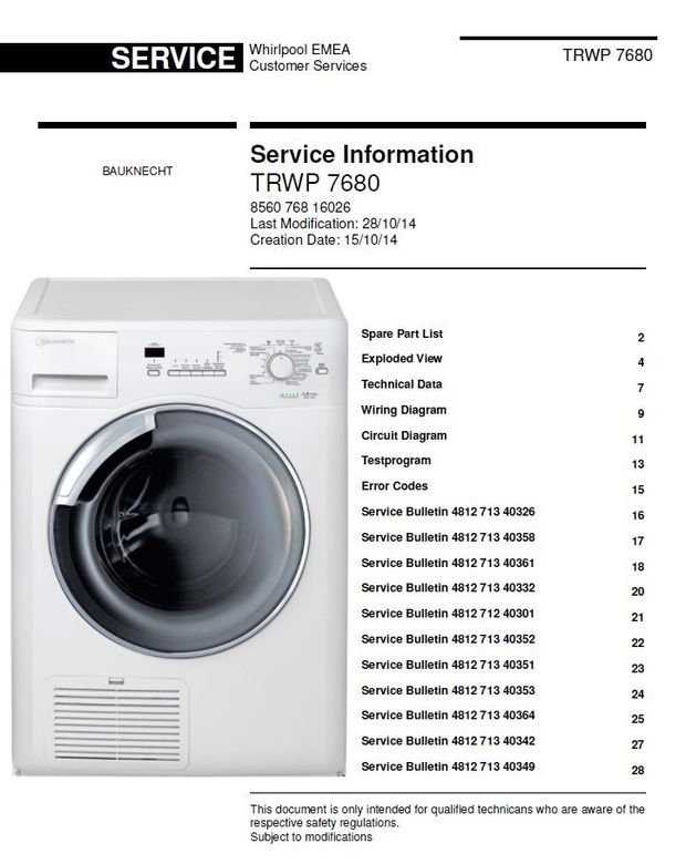 Bauknecht TRWP 7680 Dryer Service Manual and Technicians Guide