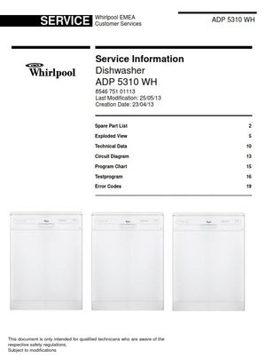 Whirlpool ADP 5310 WH Dishwasher Service Information Manual	