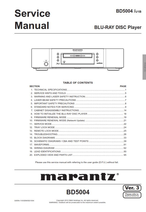 Marantz BD5004 Blu Ray Player Service Repair Manual 