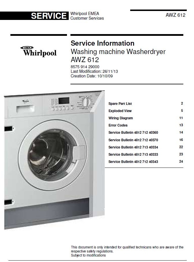 Whirlpool AWZ 612 Washer/Dryer Service Manual and Tec