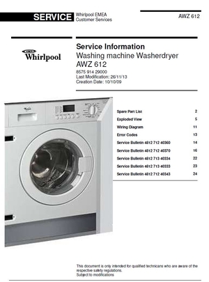 Whirlpool AWZ 612  Washer/Dryer Service Manual and Technicians Guide