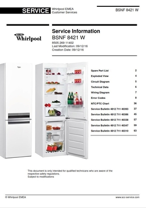 Whirlpool BSNF 8421 W Refrigerator Service Manual 