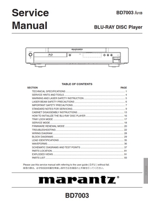 Marantz BD7003 Blu Ray Player Service Repair Manual 