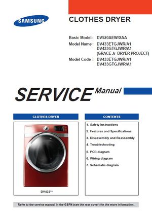 Samsung DV433ETGJWR DV433GTGJWR Dryer Service Manual Repair Guide