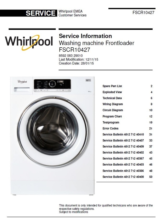 Whirlpool FSCR10427 Washing Machine Service Manual and Technicians Guide