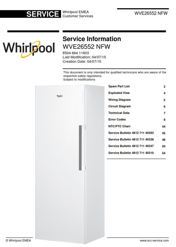 Whirlpool WVE26552 NFW Freezer Service Manual Technici
