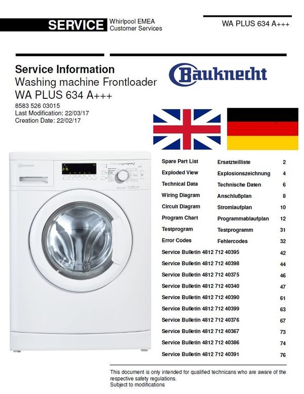 Bauknecht WA PLUS 634 Washing Machine Service Manual