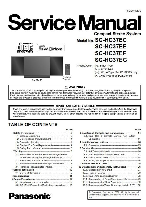 Panasonic SC HC37 HC37EC HC37EG HC37EF HC37EE Stereo System Service Manual &amp; Repair Guide