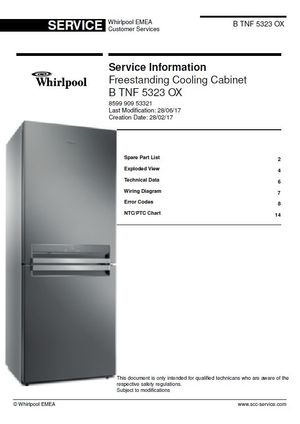 Whirlpool B TNF 5323 OX Refrigerator Service Information Manual 