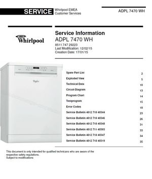 Whirlpool ADPL 7470 WH Dishwasher Service Manual
