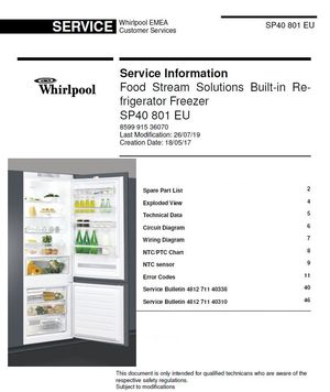 Whirlpool SP40 801 EU Refrigerator Service Manual