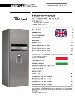 Whirlpool WTV4598 NFC IX AQUA Refrigerator Service Manual